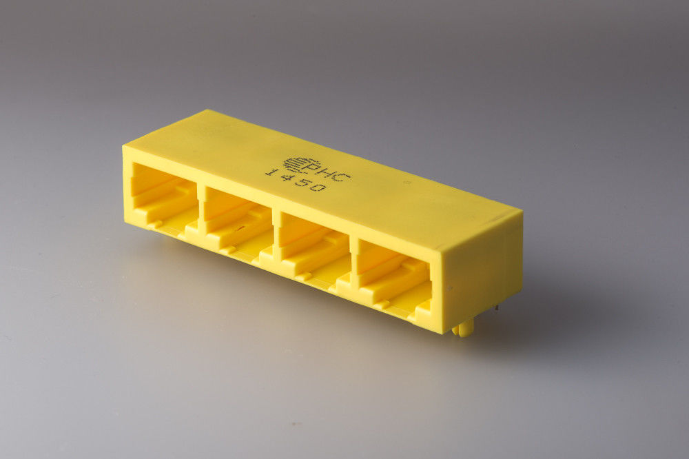 Full Plastic Yellow RJ45 Female Connector , Multi-port RJ45 8P8C 1 X 4 Port  Without  LED Gold Plated